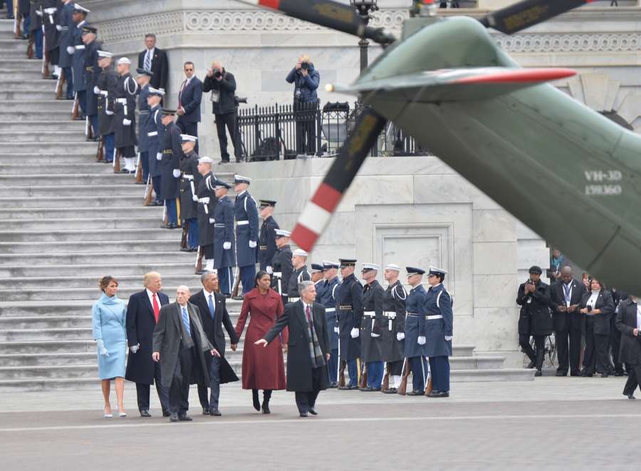 WASHINGTON, Jan. 20, 2017 (Xinhua) -- U.S. former President Barack Obama and his wife Michelle Obama walk to the helicopter escorted by newly-inaugurated U.S. President Donald Trump and his wife Melania Trump after Donald Trump was sworn in as the 45th president of the United States in Washington D.C., the United States, on Jan. 20, 2017. (Xinhua/Bao Dandan/IANS) by .