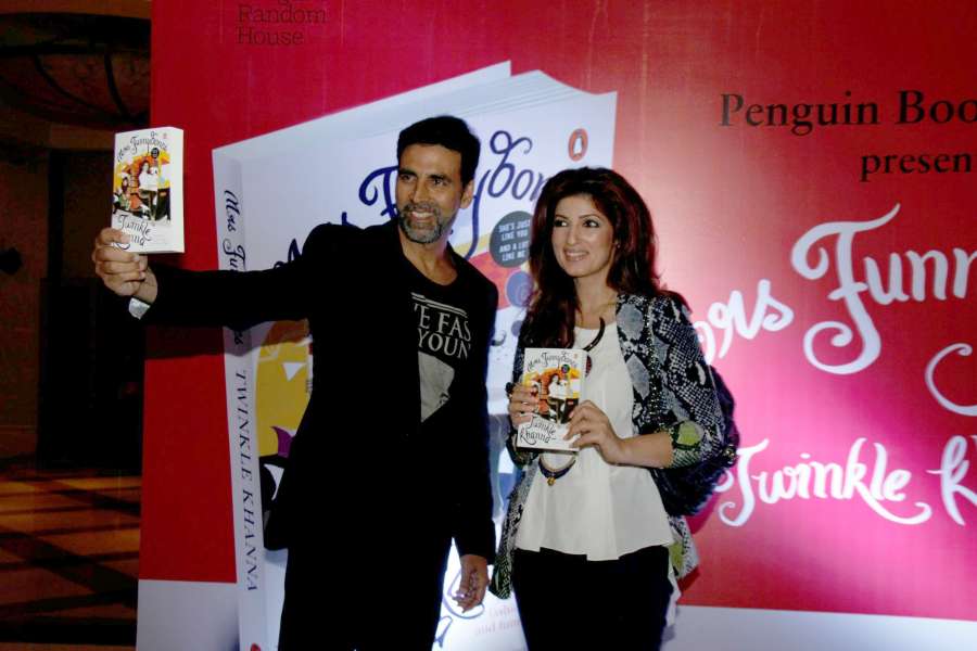 Mumbai: Actress and columnist Twinkle Khanna along with her husband Akshay Kumar during the launch of her book Mrs.Funnybones, in Mumbai, on Aug 18, 2015. (Photo: IANS)