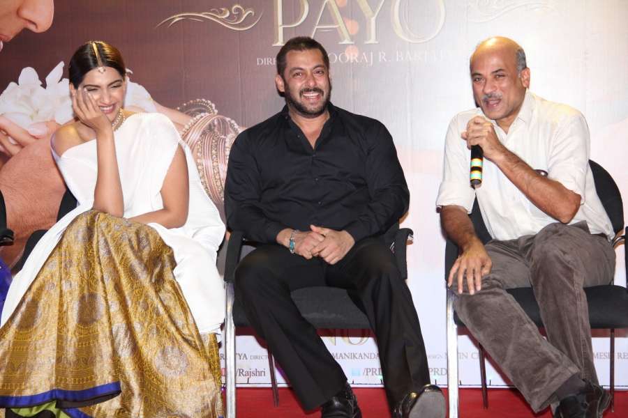 Mumbai: Actors Sonam Kapoor, Salman Khan and filmmaker, Sooraj Barjatya during the promotion of film Prem Ratan Dhan Payo in Mumbai on Nov 8, 2015. (Photo: IANS) by .