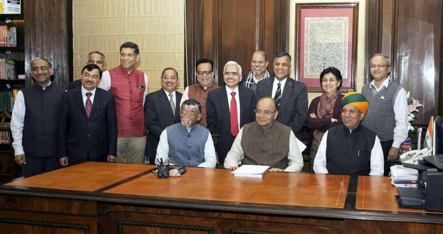 New Delhi: Union Minister for Finance and Corporate Affairs Arun Jaitley gives final touches to the Union Budget 2017-18, in New Delhi on Jan 31, 2017. Also seen Minister of State for Finance and Corporate Affairs Arjun Ram Meghwal, the Minister of State for Finance Santosh Kumar Gangwar, the Secretaries of the Ministry along with the full budget team. (Photo: IANS/PIB) by .