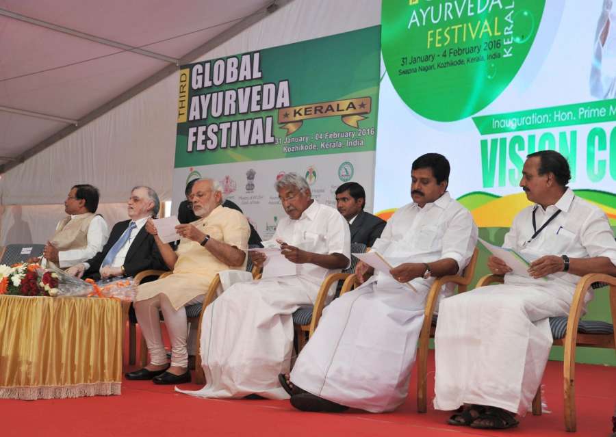 Kozhikode (Kerala): The Prime Minister Narendra Modi at the Global Ayurveda Festival, in Kozhikode, Kerala on February 02, 2016. The Governor of Kerala P. Sathasivam, the Chief Minister of Kerala Oommen Chandy and other dignitaries are also seen. (Photo: IANS/PIB)