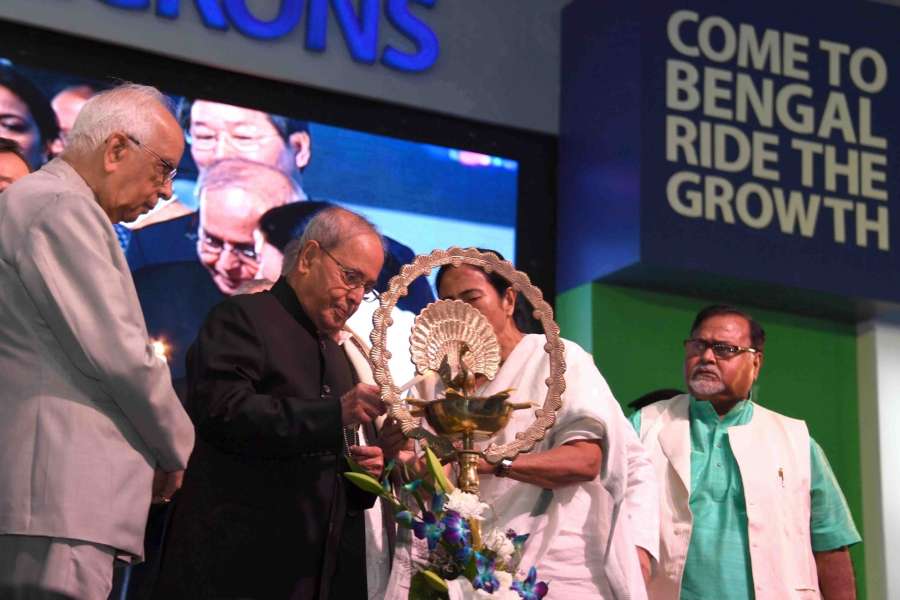Kolkata: President Pranab Mukherjee with West Bengal Governor Keshari Nath Tripathi and Chief Minister Mamata Banerjee at the inauguration of Bengal Global Business Summit-2017 at Milan Mela Complex in Kolkata on Jan 20, 2017. (Photo: IANS/RB) by .