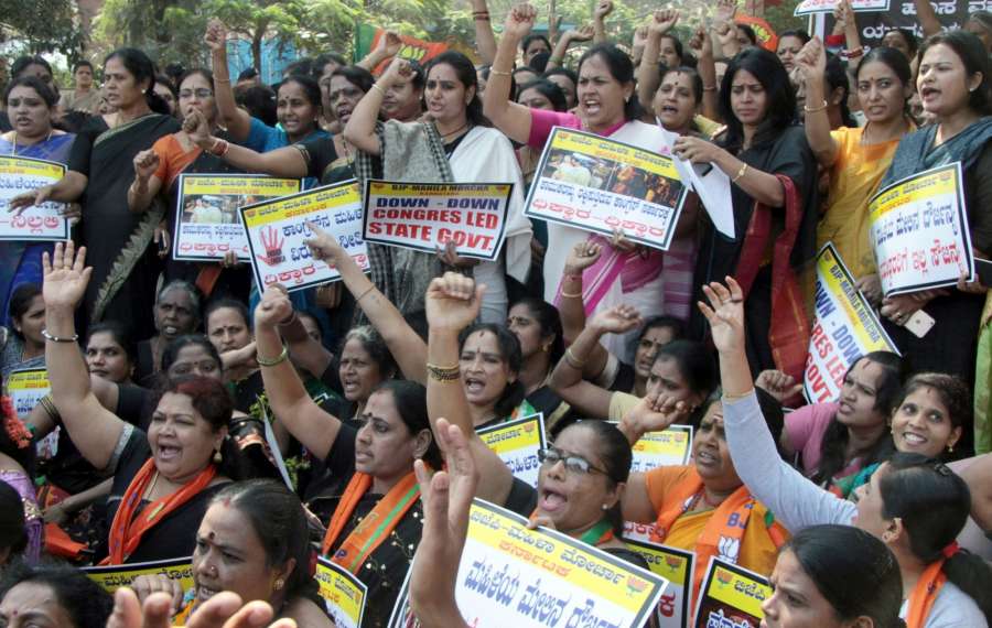 Bengaluru: BJP Mahila Morcha workers led by Shobha Karandlaje stage a demonstration against the Karnataka government regarding the recent molestation cases reported on the New Years eve, in Bengaluru on Jan 5, 2017. (Photo: IANS)