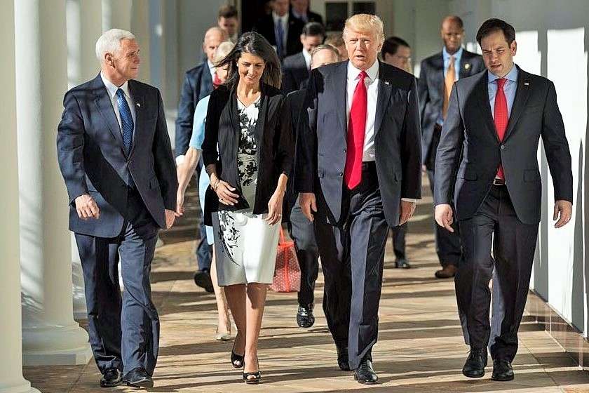 Washington: Nikki Haley who was sworn-in on Jan. 25, 2017, as the cabinet rank ambassador to the United Nations. After the ceremony she met US President Donald Trump. Haley is flanked on the left by Vice President Mike Pence, who administered the oath of office, and on the right by Trump. (Photo credit: Haley) by .