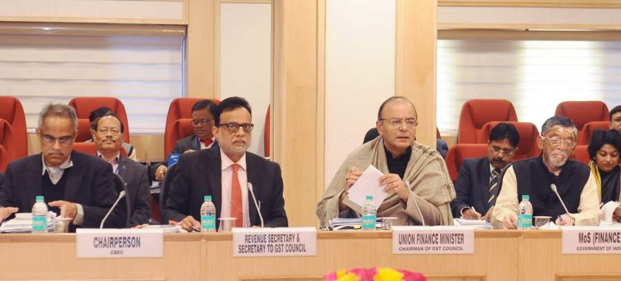 New Delhi: Union Minister for Finance and Corporate Affairs Arun Jaitley chairs the GST Council Meeting, in New Delhi on Jan 3, 2017. Also seen Union Minister of State for Finance Santosh Kumar Gangwar and the Revenue Secretary Dr. Hasmukh Adhia. (Photo: IANS/PIB)