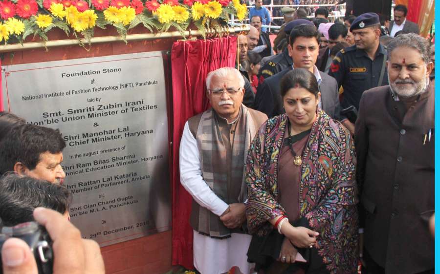 Panchkula: Union Minister for Textiles Smriti Irani lays the foundation stone of the NIFT centre in Panchkula, Haryana on Dec 29, 2016. Also seen Haryana Chief Minister Manohar Lal Khattar. (Photo: IANS/PIB)