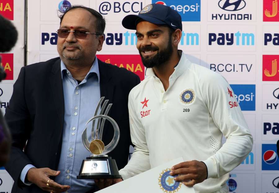 Chennai: Indian captain Virat Kohli with Man of the Series trophy during the presentation ceremony after India clinched the five-match cricket Test rubber 4-0 after thrashing England by an innings and 75 runs in the fifth and final match at the M.A. Chidambaram Stadium in Chennai, on Dec 20, 2016. (Photo: Surjeet Yadav/IANS)