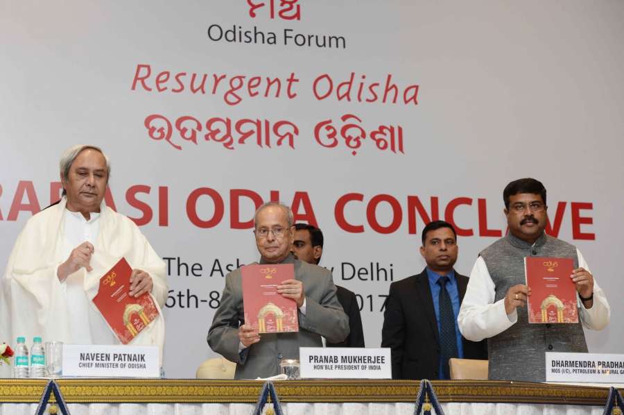 New Delhi: President Pranab Mukherjee during the inauguration of the Convention of Non-Resident Odias (NROs) in New Delhi on Jan 6, 2017. Also seen Union Minister of Petroleum and Natural Gas Dharmendra Pradhan and Odisha Chief Minister Naveen Patnaik. (Photo: IANS/RB) by .