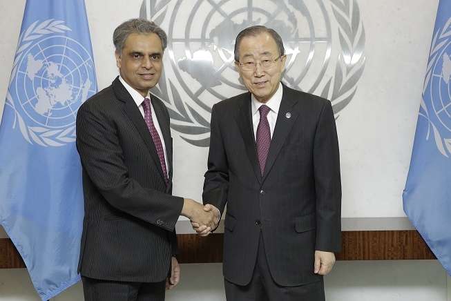 United Nations: India's Permanent Representative to the United Nations, Syed Akbaruddin, (L), has questioned the fairness of the composition of a panel set up by Ban Ki-moon (R) in his final moments as secretary-general to review the UN's Sustainable Development Goals. Two-thirds of the committee is made up of people from the 35-nation Organisation for Economic Cooperation and Development, which is overwhelmingly made up of West European nations. Only five members are from the other 158 countries. (File Photo: IANS/UN)