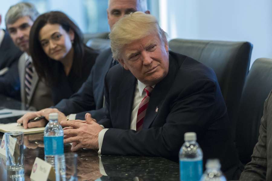 New York: President-elect Donald Trump during a meeting with leaders of technology companies in New York on Dec. 14, 2016. With him from left are, Google CEO Larry Page, Facebook COO Sheryl Sandberg and Vice President-elect Mike Pence. (Photo: IANS/Albin Lohr-Jones/Pool)