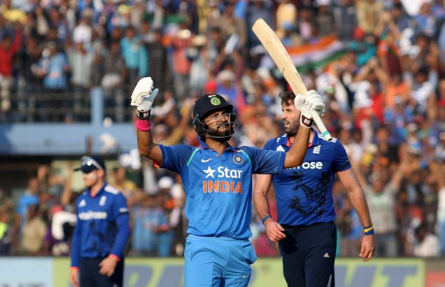 Cuttack: Yuvraj Singh of India celebrates his century during the Second One Day International cricket match between India and England at Barabati Stadium in Cuttack on Jan 19, 2017. (Photo: Surjeet Yadav/IANS) by .