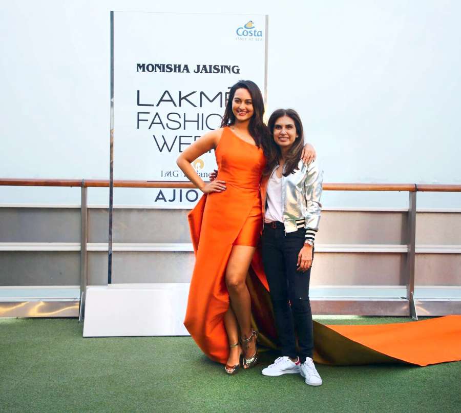 Mumbai: Actress Sonakshi Sinha displays the creation of fashion designer Monisha Jaising during opening show of Lakme Fashion Week Summer/Resort 2017 in Mumbai on Jan 20, 2017. (Photo: (IANS) by .