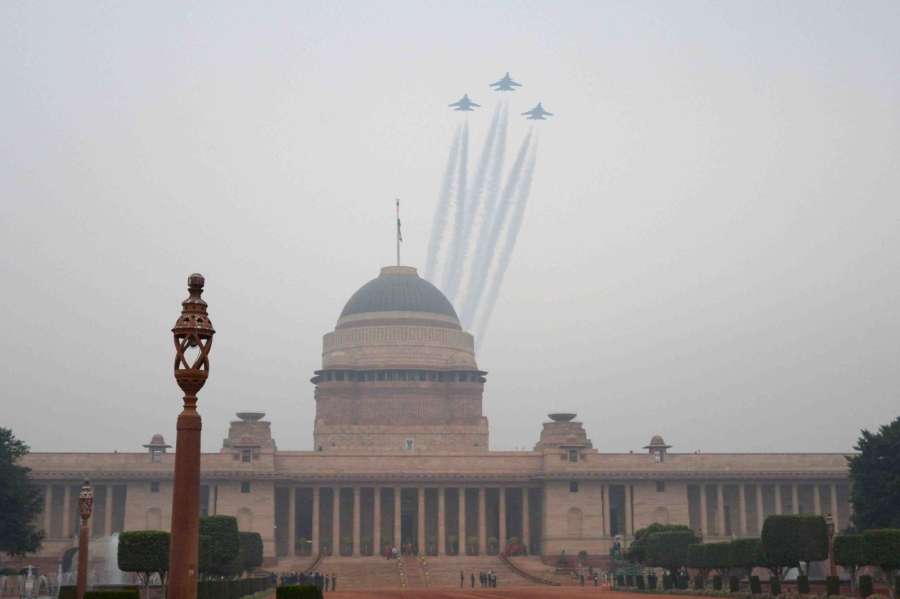 New Delhi: Indian Air Force aircrafts flyover Rashtrapati Bhawan during Republic Day Parade in New Delhi, on Jan 26, 2017. (Photo: IANS/RB) by .