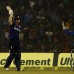 Cuttack: English captain Eoin Morgan celebrates his century during the Second One Day International cricket match between India and England at Barabati Stadium in Cuttack on Jan 19, 2017. (Photo: Surjeet Yadav/IANS) by .