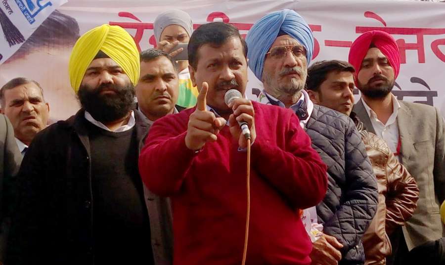 Majitha: Delhi Chief Minister and AAP leader Arvind Kejriwal addresses a party rally in Majitha of poll bound Punjab on Jan 29, 2017. (Photo: IANS) by .