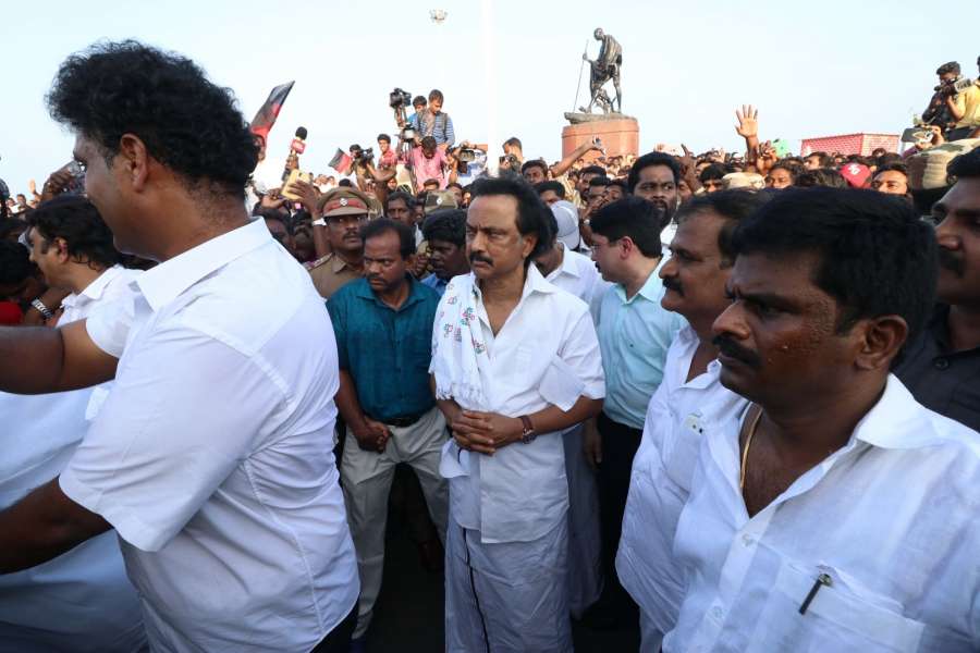 Chennai: DMK Working President MK Stalin stage a demonstration near the Mahatma Gandhi statue on Marina beach against the manner in which he and his party legislators were evicted from the state assembly in Chennai on Feb 18, 2017. (Photo: IANS) by .