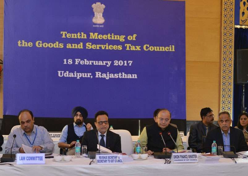 Udaipur: Union Minister for Finance and Corporate Affairs Arun Jaitley chairing the 10th meeting of the Goods and Service Tax Council in Udaipur on Feb 18, 2017. Also seen Secretary, Revenue, Dr. Hasmukh Adhia. (Photo: IANS/PIB) by .