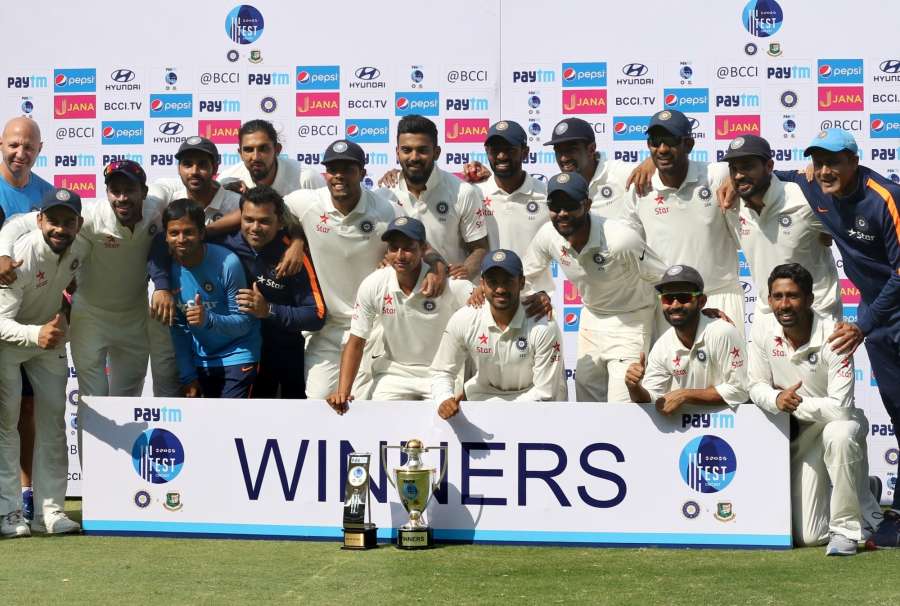 Hyderabad: Team India pose with the trophy after winning the one-off cricket Test match against Bangladesh in Hyderabad on Feb. 12, 2017. (Photo: Surjeet Yadav/IANS) by .