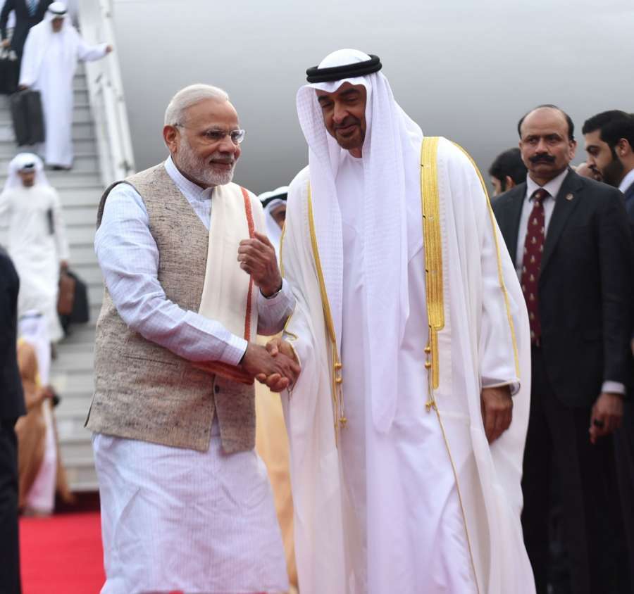 New Delhi: Prime Minister Narendra Modi receives the Crown Prince of Abu Dhabi, Deputy Supreme Commander of UAE Armed Forces, General Sheikh Mohammed Bin Zayed Al Nahyan, on his arrival in New Delhi on Jan 24, 2016. (Photo: IANS/PIB) by .
