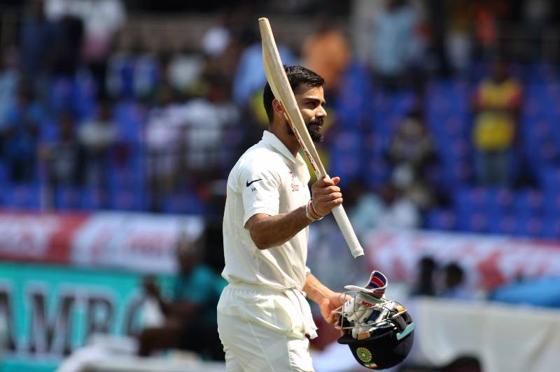 Hyderabad: India's captain Virat Kohli celebrates his double century on the second day of the only test match between India and Bangladesh in Hyderabad on Feb. 10, 2017. (Photo: Surjeet Yadav/IANS) by .