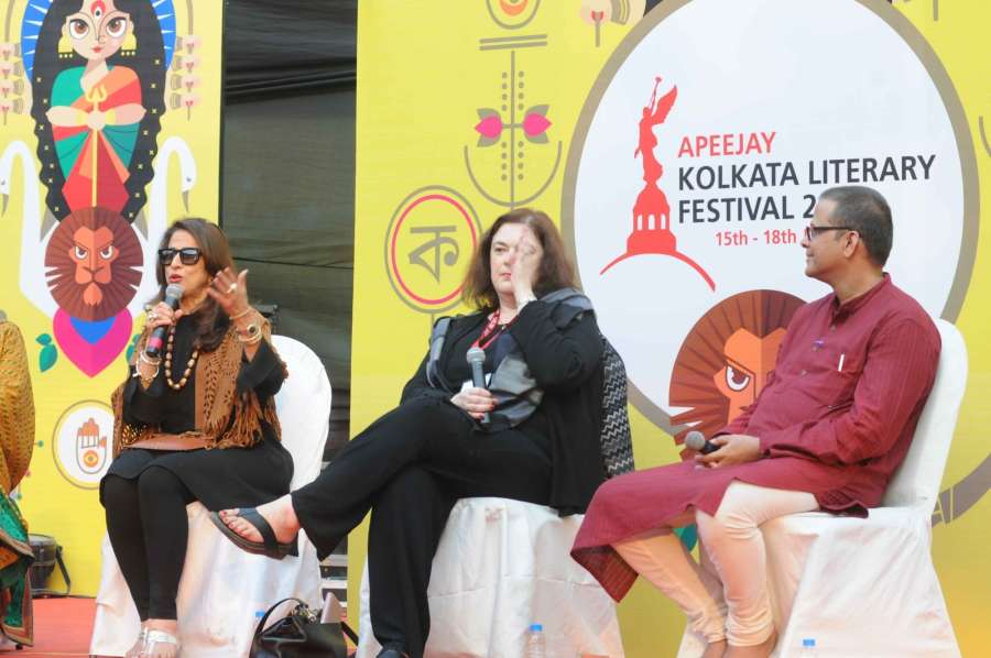Kolkata: Writers Shobhaa De, Rachel Dwyer and Jerry Pinto on the Third Day of Apeejay Kolkata Literary Festival 2017 at St. Paul's Cathedral premises in Kolkata on Jan 17, 2017. (Photo: IANS) by .