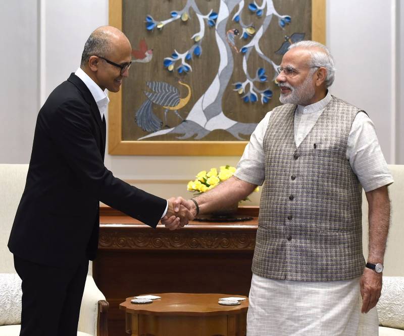 New Delhi: New Delhi: Microsoft CEO Satya Narayana Nadella calls on Prime Minister Narendra Modi in New Delhi on Feb 21, 2017. (Photo: IANS/PIB) by .