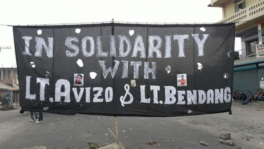 Dimapur: A Joint Co-ordination Committee (JCC) banner expressing solidarity with Khriesavizo (Avizo) Metha and Bendangnungsang Longkumer, who were killed in the police firing on the night of 31st Jan, in Dimapur, Nagaland on Feb 3, 2017.. (Photo: IANS) by .