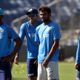 Pune: (L to R) Abhinav Mukund, Umesh Yadav, Nathu Singh and Kuldeep Yadav of India during a practice session at Maharashtra Cricket Association Stadium in Pune on Feb 22, 2017. (Photo: Surjeet Yadav/IANS) by .