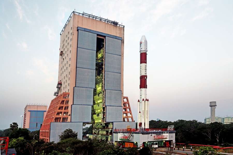 Sriharikota: Polar Satellite Launch Vehicle (PSLV) carrying Indian Regional Navigation Satellite System-IRNSS-1F parked at Sriharikota rocket port in Andhra Pradesh on March 9, 2016. The rocket standing 44.4 metres and weighing 320 tonnes is expected to blast off around 4 pm on 10th March. (Photo: IANS) by .