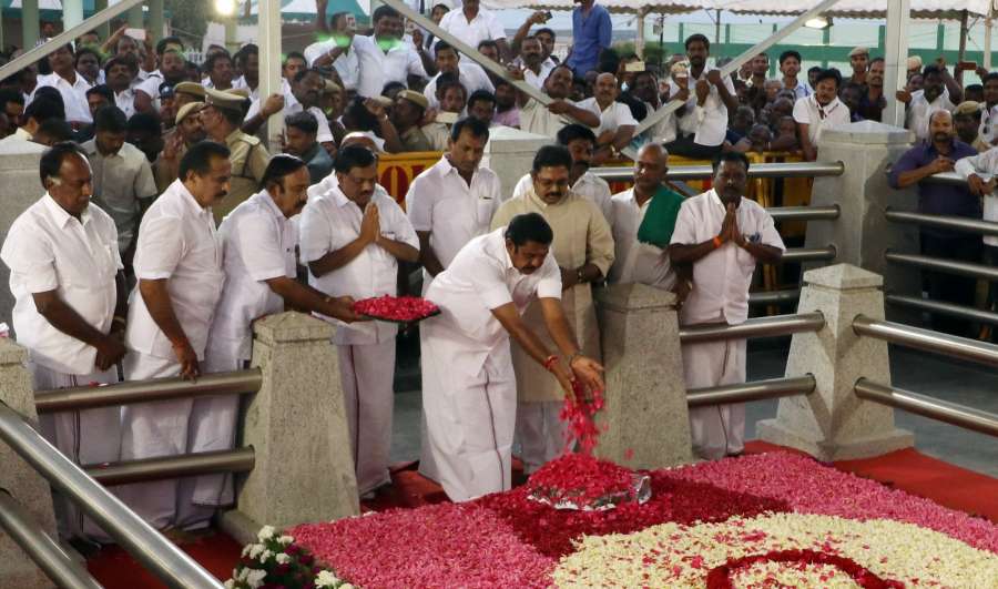 Chennai: Tamil Nadu Chief Minister Edappadi K. Palaniswami pays tribute at the memorial of late AIADMK leader Jayalalithaa Jayalalithaa's memorial at Chennai's Marina Beach after taking oath on Feb 16, 2017. (Photo: IANS) by .