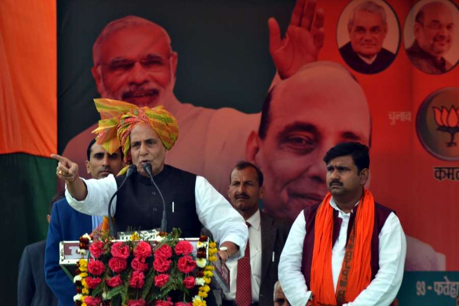 Agra: Union Home Minister and BJP leader Rajnath Singh addresses during a rally ahead of Uttar Pradesh Assembly elections in Shamsabad, Agra on Feb 4, 2017. (Photo: Pawan Sharma/IANS) by .
