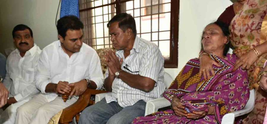 Hyderabad: Telangana Minister for NRI Affairs KT Rama Rao meets the parents of Hyderabad engineer Srinivas Kuchibhotla, in Hyderabad on Feb 25, 2017. Kuchibhotla, 32, who was killed when Adam W. Purinton, a white man who earlier served in the US Navy, shot him at the Austins Bar & Grill in Olathe, Kansas state. (Photo: IANS) by .