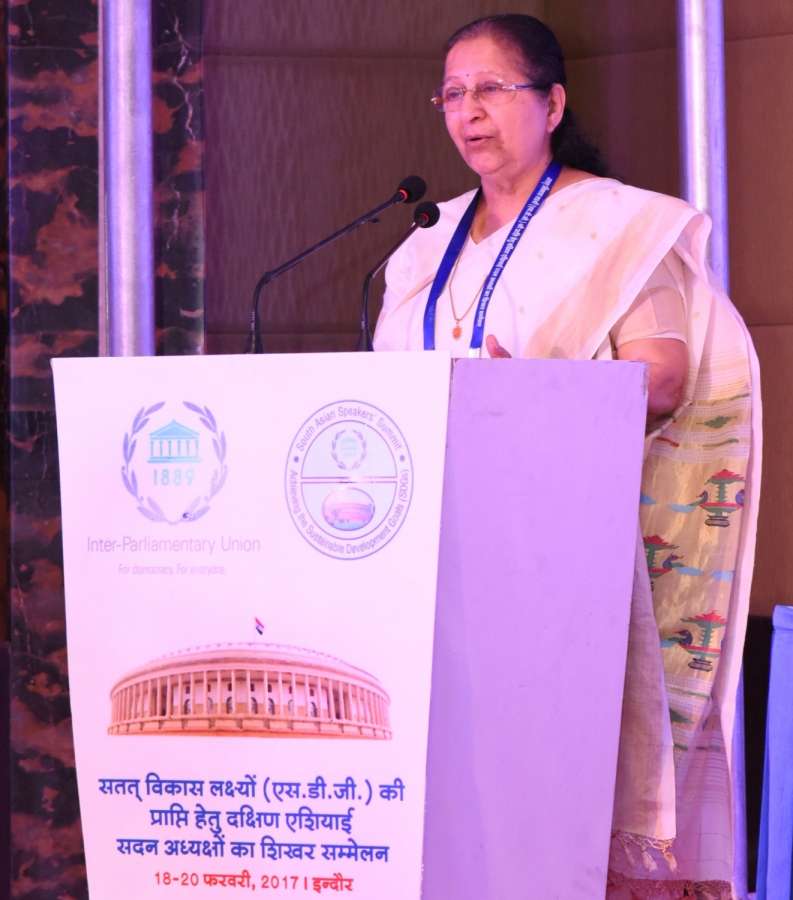 Indore: Lok Sabha Speaker Sumitra Mahajan addresses during the inauguration of the South Asian Speakers' Summit on Achieving the Sustainable Development Goals (SDGs), in Indore on Feb 18, 2017. (Photo: IANS/PIB) by .