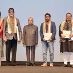 New Delhi: President Pranab Mukherjee felicitates the unit of Bollywood movie 'Pink' -- actors Andrea Tariang, Taapsee Pannu, Amitabh Bachchan and Dhritiman Chatterjee, producer Shoojit Sircar and director Aniruddha Roy Chowdhury -- after watching its S by .