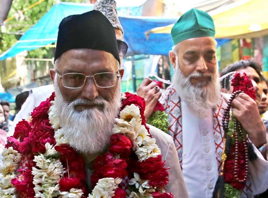 New Delhi: Indian Sufi clerics of Delhi's Hazrat Nizamuddin Dargah Syed Asif Ali Nizami (L) and Nazim Ali Nizami (R), who were reportedly went missing in Pakistan returned to Delhi; arrive to meet External Affairs Minister Sushma Swaraj in New Delhi on March 20, 2017. (Photo: IANS) by .
