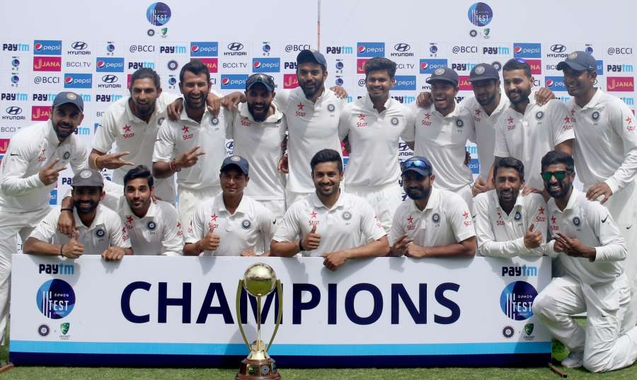 Dharamsala: Team India after winning the Test match series against Australia at Himachal Pradesh Cricket Association Stadium in Dharamsala on March 28, 2017. (Photo: Surjeet Yadav/IANS) by .