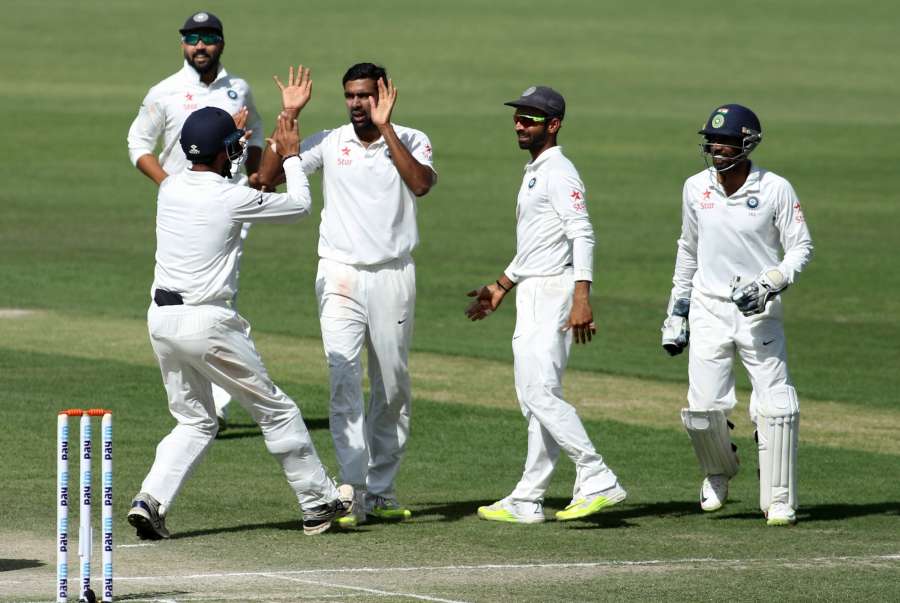Dharamsala: R Ashwin of India celebrates fall of Glenn Maxwell's wicket on Day-3 of the fourth Test match between India and Australia at Himachal Pradesh Cricket Association Stadium in Dharamsala on March 27, 2017. (Photo: Surjeet Yadav/IANS) by .