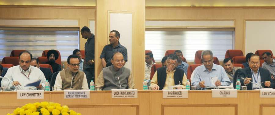 New Delhi: Union Minister for Finance and Corporate Affairs Arun Jaitley chairs the 11th GST Council Meeting, in NewDelhi on March 4, 2017. Also seen Minister of State for Finance Santosh Kumar Gangwar and the Secretary, Revenue, Dr. Hasmukh Adhia. (Photo: IANS/PIB) by .