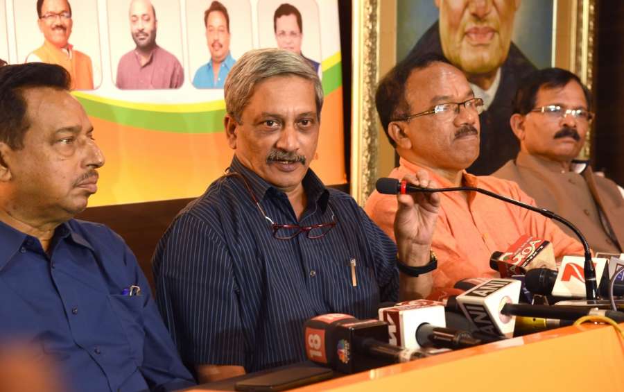 Panaji: Union Defense Minister Manohar Parrikar addresses a press conference after results of Goa Assembly Elections declared in Panaji on March 11, 2017. Also seen Goa Chief Minister Laxmikant Parsekar, Deputy Chief Minister Francis D'Souza and Union Minister for Ayush (MoS) Shripad Naik. (Photo: IANS) by .