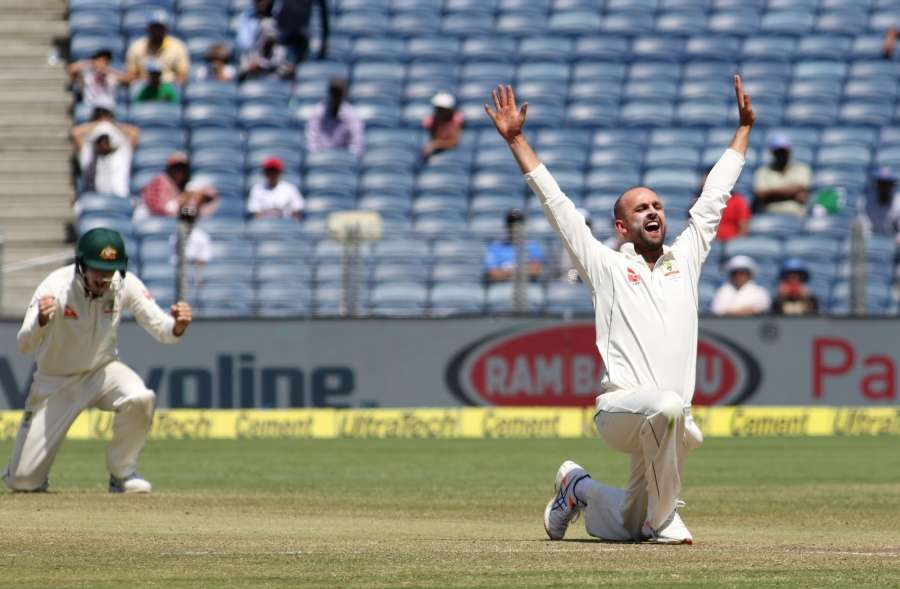 Pune: Nathan Lyon of Australia celebrates fall of Lokesh Rahul's wicket on Day-3 of the first test match between India and Australia at Maharashtra Cricket Association Stadium in Pune on Feb 25, 2017. (Photo: Surjeet Yadav/IANS) by .
