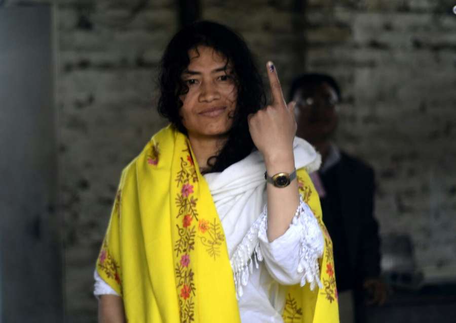 Khurai: Manipuri rights activist Irom Sharmila shows her forefinger marked with phosphorus ink after casting her vote during the first phase of Manipur Legislative Assembly polls in Khurai of Manipur on March 4, 2017. (Photo: IANS) by .