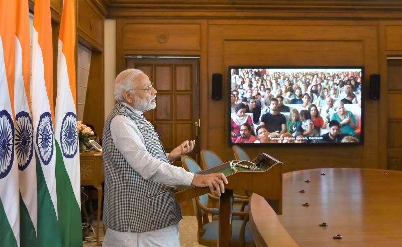 New Delhi: Prime Minister Narendra Modi addresses during the inaugural function of Annual International Yoga Festival at Rishikesh, through video conferencing, in New Delhi on March 2, 2017. (Photo: IANS/PIB) by .