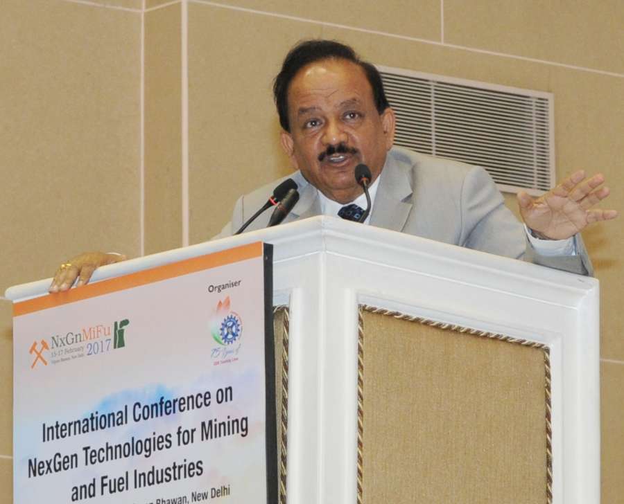 New Delhi: Union Science and Technology Minister Dr. Harsh Vardhan addresses at the inauguration of the International Conference on NexGen Technologies for Mining and Fuel Industries - NxGnMiFu - 2017, organised by CSIR-Central Institute of Mining & Fuel Research (CSIR-CIMFR), in New Delhi on Febr 15, 2017. (Photo: IANS/PIB) by .