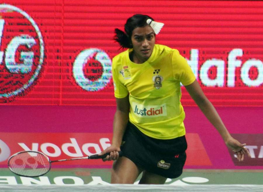New Delhi: PV Sindhu of Chennai Smashers in action against Saina Nehwal of Awadhe Warriors during a Premier Badminton League 2017 match in New Delhi on Jan 13, 2017. (Photo: IANS) by .