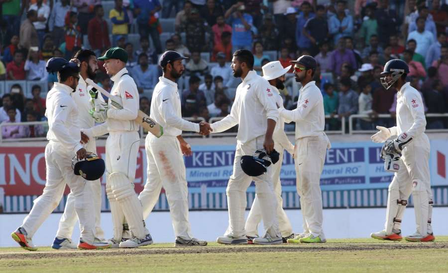 Ranchi: India cricketers after end of the fifth day of the third cricket test match between India and Australia at the Jharkhand State Cricket Association (JSCA) Stadium complex in Ranchi on March 20, 2017. (Photo: Surjeet Yadav/IANS) by .