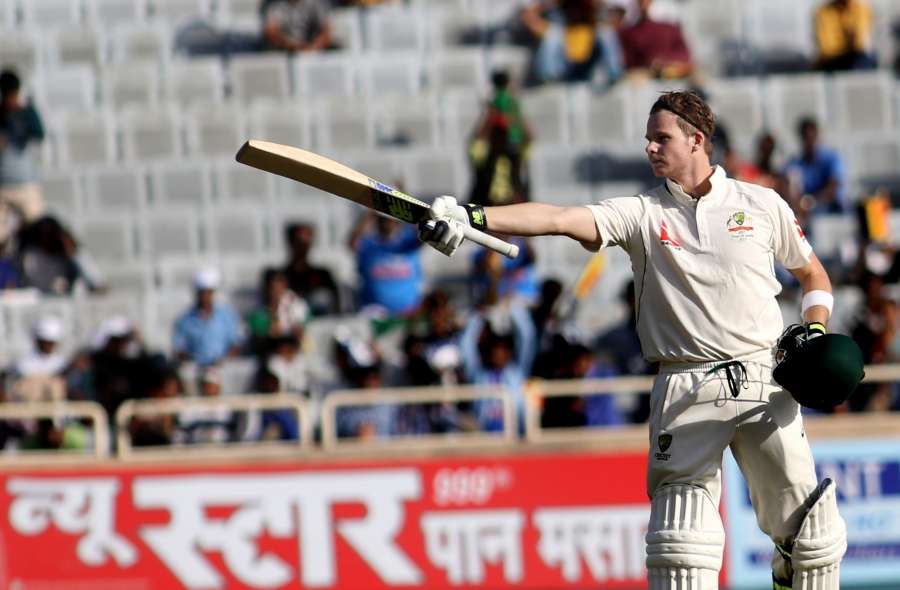 Ranchi: Australian captain Steve Smith raises his bat after scoring century during the first day of the third cricket test match between India and Australia at the Jharkhand State Cricket Association (JSCA) Stadium complex in Ranchi on March 16, 2017. (Photo: Surjeet Yadav/IANS) by .