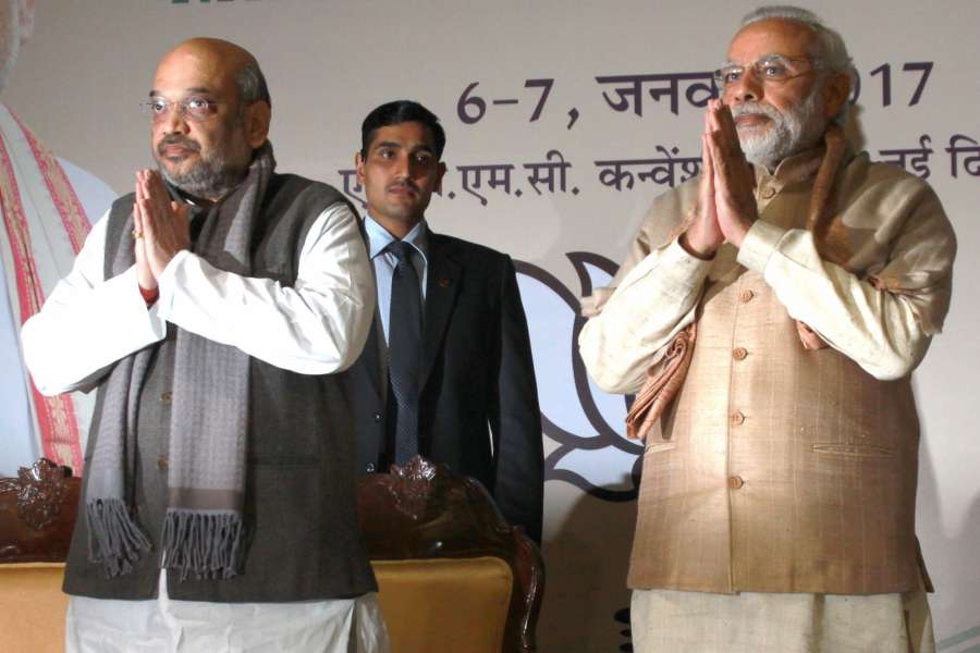 New Delhi: Prime Minister Narendra Modi and BJP chief Amit Shah during party's national executive meeting in New Delhi on Jan 6, 2016. (Photo: Amlan Paliwal/IANS) by .