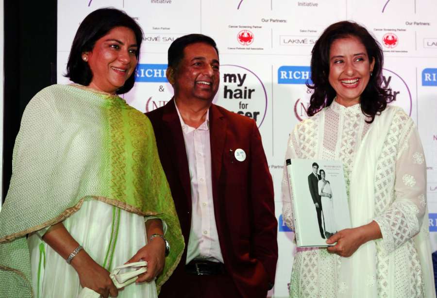 Mumbai: Congress leader Priya Dutt, Dr. Apoorva Shah, Founder of Richfeel and actress Manisha Koirala during the social cause campaign 'My Hair for Cancer' organised by Hair care brand Richfeel and Nargis Dutt Foundation in Mumbai on April 18, 2017. (Phot by .