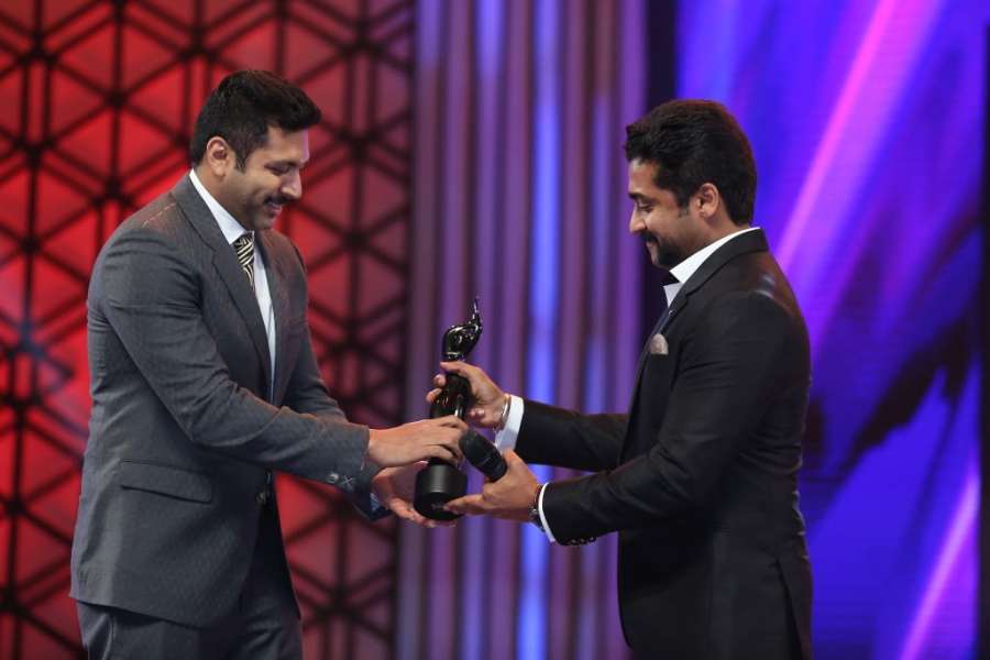 Hyderabad: Actors Jayam Ravi and Surya at the 63rd Britannia Filmfare Awards (South). (Photo: IANS) by .