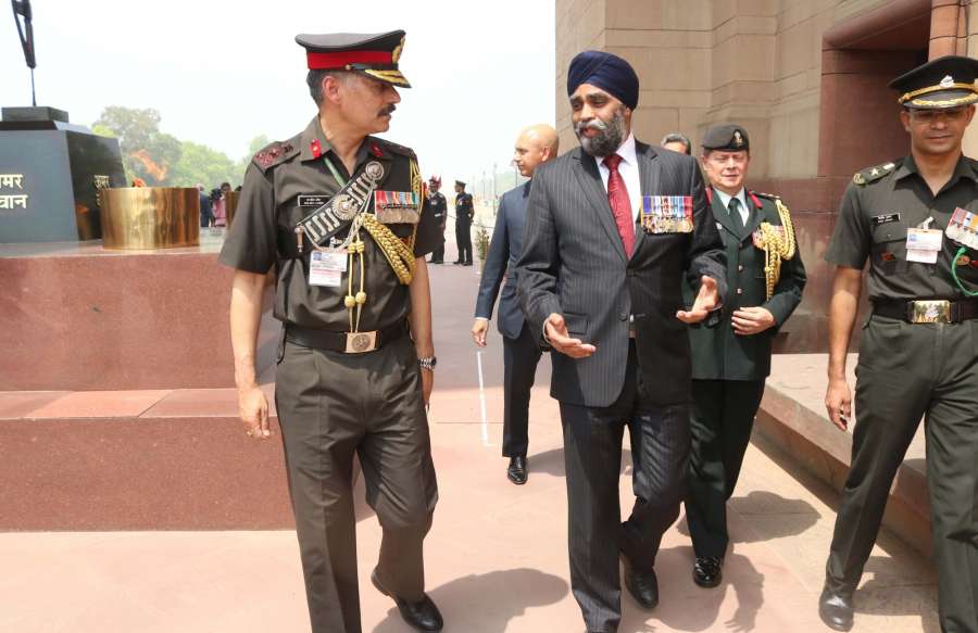 New Delhi: Canadian Defence Minister Harjit Singh Sajjan visits India Gate in New Delhi on April 18, 2017. (Photo: IANS) by .